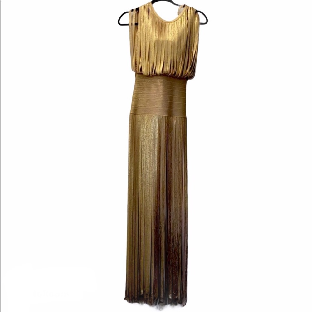 COPY - AUTHENTIC Gold Herve Leger fringe peekaboo dress